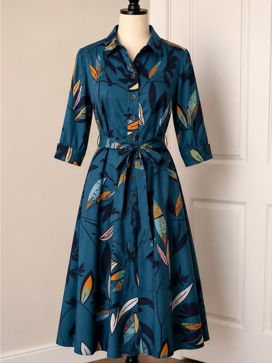 eshakti Dresses & Skirts - eshakti Teal Floral Print Midi Shirt Dress with Tie Waist